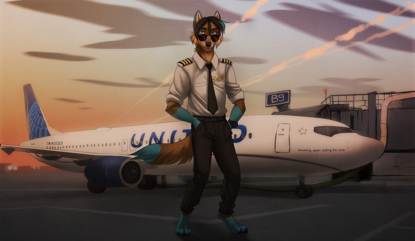 4_toes aircraft airplane airport american_flag anthro arm_tuft barefoot biped black_hair black_nose black_pawpads blue_body blue_eyes blue_fur blue_hair blue_highlights bottomwear brown_body brown_fur cheek_tuft claws clock clothed clothing cloud contrail detailed_background digitigrade dipstick_ears dipstick_tail dress_shirt ear_markings elbow_tuft eyebrow_through_hair eyebrows eyewear facial_tuft feet fluffy fluffy_tail fully_clothed fur gloves_(marking) hair hands_in_both_pockets highlights_(coloring) inner_ear_fluff jet leg_markings looking_at_viewer male markings multicolored_body multicolored_ears multicolored_fur multicolored_hair necktie outside pants pawpads paws pilot pilot_uniform shirt sky smile smiling_at_viewer socks_(marking) solo sunglasses sunset tail tail_markings text toe_claws toes topwear translucent translucent_hair tuft two_tone_hair uniform united_states_of_america vehicle watch wristwatch ariadog boeing boeing_737 united_airlines blu_(cptmco) canid canine canis domestic_dog fox husky hybrid mammal nordic_sled_dog spitz 2021 digital_drawing_(artwork) digital_media_(artwork) english_text