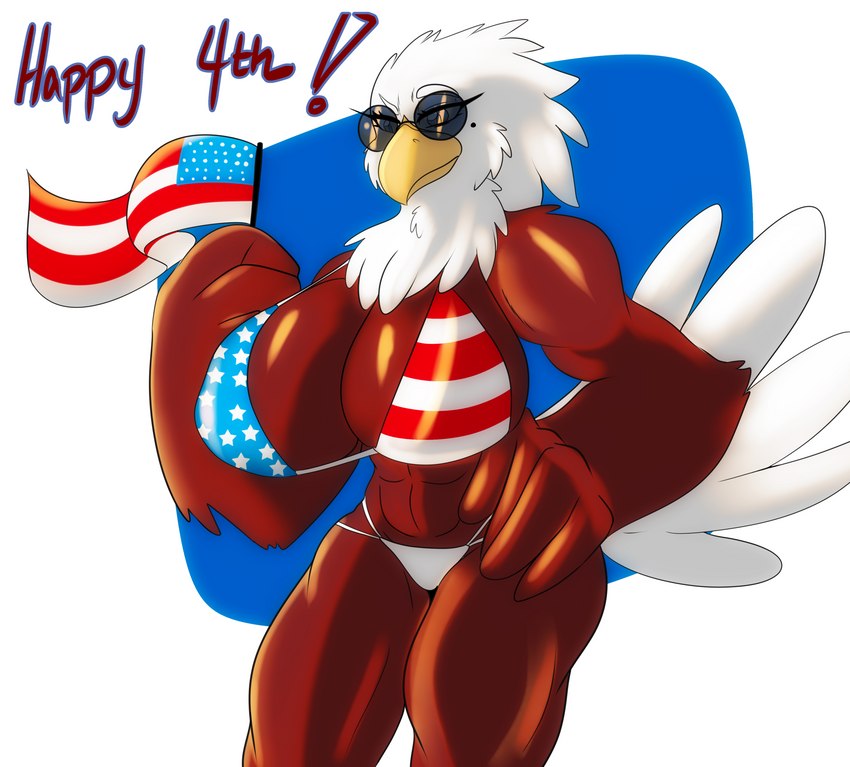 5_fingers abs american_flag american_flag_bikini anthro beak biceps big_breasts bikini biped bottomwear breasts brown_body brown_feathers cleavage clothed clothing curvy_figure eyebrows eyelashes feathered_wings feathers female fingers flag flag_(object) flag_bikini flag_clothing flag_print flag_swimwear front_view fully_clothed holding_flag holding_object holidays huge_breasts markings midriff mole_(marking) multicolored_body multicolored_feathers muscular muscular_anthro muscular_female non-mammal_breasts print_bikini print_clothing print_swimwear skimpy smile smirk solo swimwear tail text topwear two-piece_swimsuit two_tone_body two_tone_feathers united_states_of_america white_body white_eyebrows white_feathers white_tail winged_arms wings yellow_beak solratic 4th_of_july american_eagle accipitrid accipitriform avian bald_eagle bird eagle sea_eagle 2021 digital_media_(artwork) english_text hi_res shaded