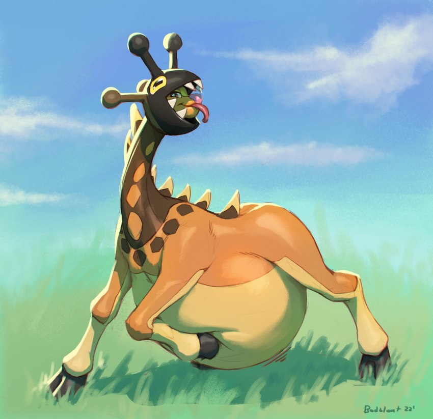 ambiguous_gender belly belly_squish big_belly bloated feral hanging_belly hoof_on_belly hooves huge_belly inflation long_neck long_tongue looking_at_viewer solo squish tongue tongue_out bodbloat nintendo pokemon farigiraf generation_9_pokemon giraffid mammal pokemon_(species) 2022 digital_media_(artwork) hi_res