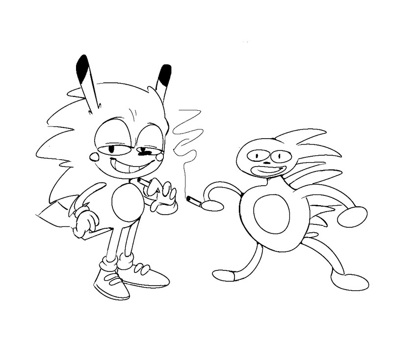 anthro cigarette clothing duo footwear gloves grin handwear holding_object male shoes smile smoke standing akiridk nintendo pokemon sega sonic_the_hedgehog_(series) sonichu_(series) sanic sonic_the_hedgehog sonichu_(character) eulipotyphlan generation_1_pokemon hedgehog hybrid mammal pikachu pokemon_(species) 2020 black_and_white meme monochrome