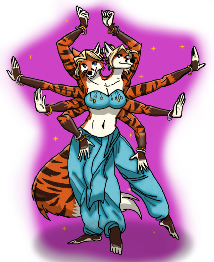 2_heads 3_legs 8_arms anthro bangle belly_dancer conjoined duo female jewelry midriff multi_arm multi_head multi_leg multi_limb multifur solo may_abbagail canid canine felid fox hybrid mammal pantherine tiger hi_res