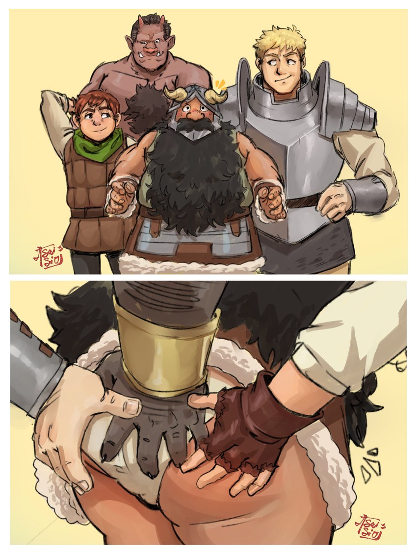 armor asian_clothing beard black_hair blonde_hair blush brown_hair butt butt_grab clothing east_asian_clothing embarrassed facial_hair fundoshi grope groping_from_behind group hair hand_on_butt horn japanese_clothing male male/male underwear said_the_saisio delicious_in_dungeon chilchuck_tims laios_touden senshi_(delicious_in_dungeon) zon_(delicious_in_dungeon) dwarf halfling human humanoid mammal orc absurd_res hi_res