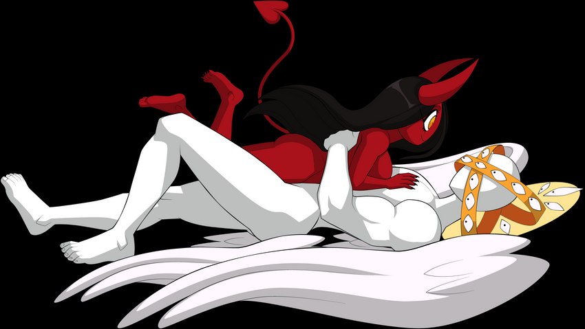 5_toes breasts butt cuddling duo feet female female/female muscular muscular_female not_furry nude simple_background toes transparent_background sparksstars lili_(idolomantises) sera_(idolomantises) angel demon humanoid succubus absurd_res alpha_channel hi_res