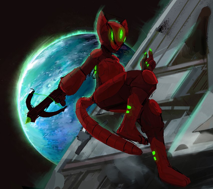 anthro arbalist armor crossbow energy female green_eyes holding_object holding_ranged_weapon holding_weapon inside long_tail ranged ranged_weapon red_armor solo space tail weapon mythrava avocado_(mythrava) bent felid feline mammal tajaran 2022 absurd_res colored digital_media_(artwork) digital_painting_(artwork) hi_res shaded