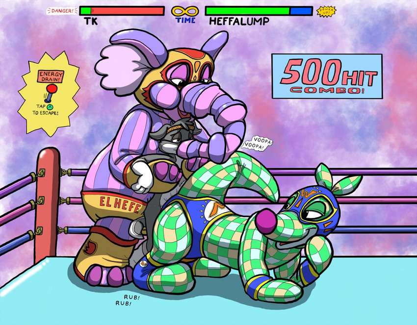 abstract_background accessory ambiguous_gender ankleband anthro big_ears big_nose clothed clothing fighting_game fighting_ring fur gameplay_mechanics glistening green_body grey_body grey_fur group headband male markings mask nude plaid plushie proboscis_(anatomy) purple_body striped_body stripes text trunk_(anatomy) wrestling wristband redxix disney winnie_the_pooh_(franchise) wolfpuptk canid canine canis heffalump mammal wolf woozle 2018 digital_drawing_(artwork) digital_media_(artwork) english_text story story_in_description