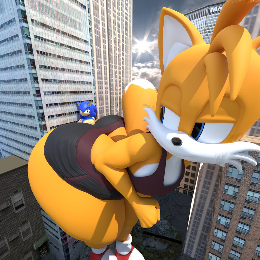 anthro athletic_wear big_butt bottomwear bubble_butt butt city city_background clothing duo embarrassed extreme_size_difference femboy gym_bottomwear gym_shorts huge_butt looking_at_another macro macro_anthro male multicolored_body shorts size_difference squish tail tail_aside thick_thighs trapped trapped_in_butt two_tone_body yellow_body adri164 sega sonic_the_hedgehog_(series) miles_prower sonic_the_hedgehog canid canine eulipotyphlan fox hedgehog mammal red_fox true_fox 1:1 3d_(artwork) digital_media_(artwork) hi_res