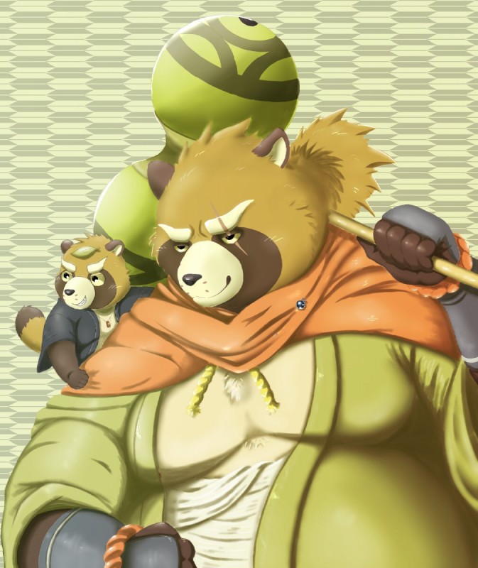 anthro belly brown_body brown_fur clothing duo fur leaf male overweight overweight_male robe scar young jinku_56 lifewonders tokyo_afterschool_summoners gyobu's_underlings gyobu_(tas) canid canine mammal raccoon_dog tanuki 2018 hi_res