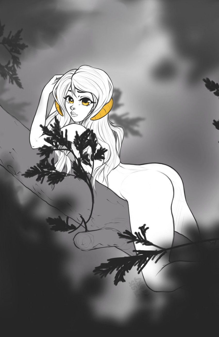 butt female horn looking_at_viewer looking_back looking_back_at_viewer lying nude on_front outside plant solo tree yellow_eyes askart twokinds madam_reni_(twokinds) tk horned_humanoid humanoid hi_res monochrome sketch spot_color