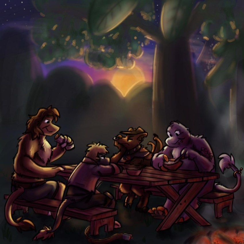 anthro campfire clothing collar detailed_background ear_piercing ear_ring eating facial_piercing furgonomics furniture furry-specific_piercing group hat headgear headwear male male/male muscular muscular_male nose_piercing nose_ring nude outside picnic_table piercing ring_piercing romantic romantic_couple shirtless slim sunset table tattoo crossroadspony raemyshu rvb_revolution agent_washington agent_york andee_(rvb_revolution) samael_wurlitz bat chupadore mammal 1:1 hi_res