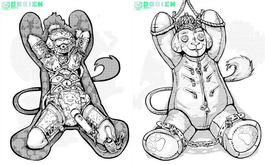 abdl andromorph anthro bdsm bondage bound clothed clothing diaper intersex logo male nipple_piercing nipples piercing plushie plushophilia plushsuit restraints rope rope_bondage rope_harness solo wearing_diaper obrien_(artist) snofu_(character) felid feline mammal artist_logo halftone hi_res screentone