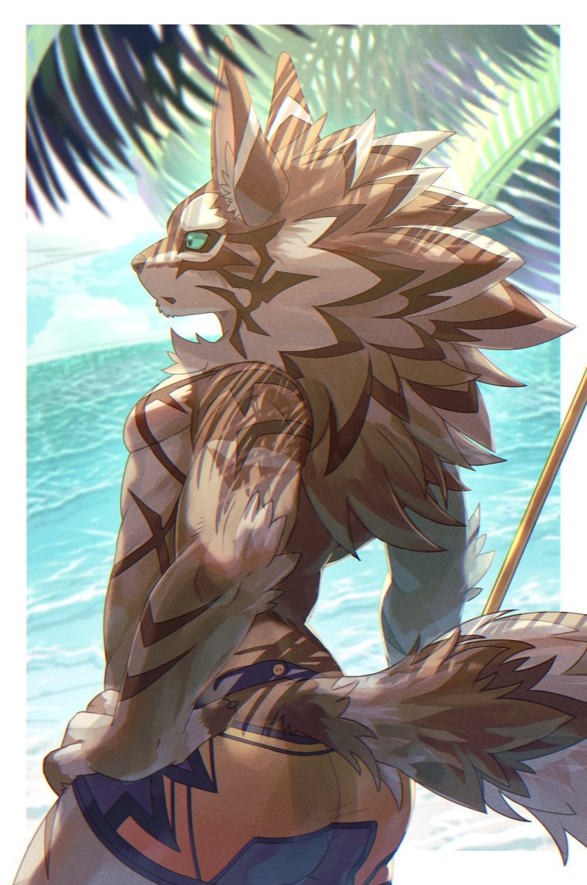 anthro brown_body brown_fur butt clothing fur green_eyes looking_away male multicolored_body multicolored_fur sea solo swimming_trunks swimwear tropical underwear water biri lifewonders tokyo_afterschool_summoners seth_(tas) canid canine canis jackal mammal 2024 hi_res