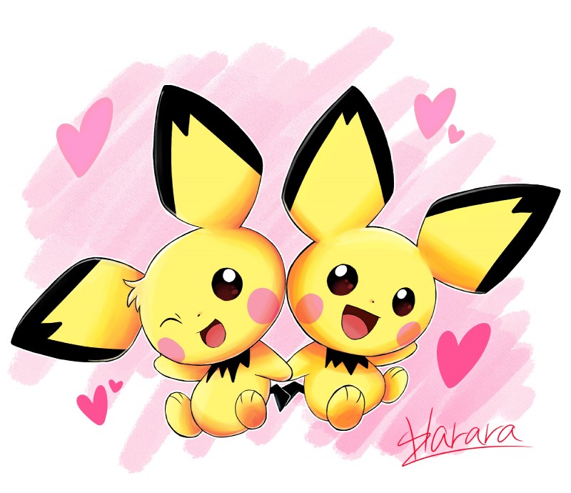 3_toes ambiguous_gender black_nose brown_eyes duo feet fur hand_holding head_tuft heart_symbol one_eye_closed open_mouth open_smile pink_background pink_cheeks simple_background smile toes tuft wink yellow_body yellow_fur harara nintendo pokemon pichu_big pichu_little generation_2_pokemon pichu pokemon_(species) 2018 hi_res signature