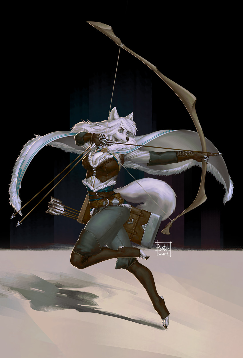 action_pose anthro armor arrow_(weapon) black_nose bow_(weapon) breasts cape clothing female fur gloves hair handwear holding_bow_(weapon) holding_object holding_ranged_weapon holding_weapon leather leather_armor pose ranged_weapon simple_background snout solo weapon white_body white_fur white_hair botak canid canine fox mammal 2019 hi_res