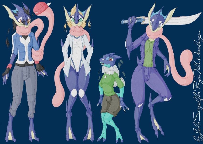 anthro blue_background breasts cursed female group gym_leader melee_weapon non-mammal_breasts simple_background sword tongue tongue_out transformation weapon johnsergal nintendo pokemon ash_ketchum max_(pokemon) misty_(pokemon) amphibian frogadier generation_6_pokemon greninja pokemon_(species) absurd_res hi_res