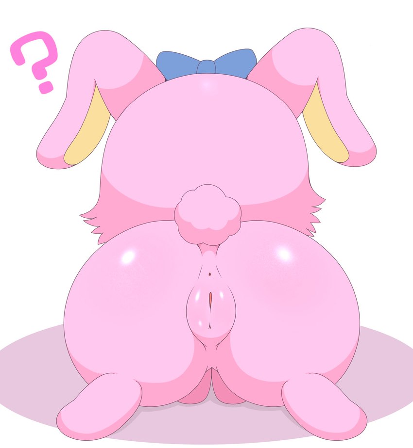 accessory all_fours anthro anus blue_bow bow_ribbon butt female fur genitals hair_accessory hair_bow hair_ribbon pink_body pink_fur plump_labia presenting presenting_hindquarters presenting_pussy pussy question_mark rear_view ribbons simple_background solo white_background azuo jewelpet sanrio sega sega_fave luna_(jewelpet) lagomorph leporid mammal rabbit hi_res