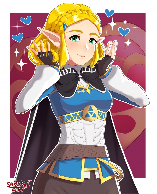 blonde_hair blush breasts cloak clothed clothing female fingerless_gloves gloves green_eyes hair handwear heart_symbol humanoid_pointy_ears looking_at_viewer not_furry pointy_ears short_hair simple_background smile solo triforce sarukaiwolf breath_of_the_wild nintendo the_legend_of_zelda princess_zelda humanoid hylian mammal 2019 absurd_res hi_res