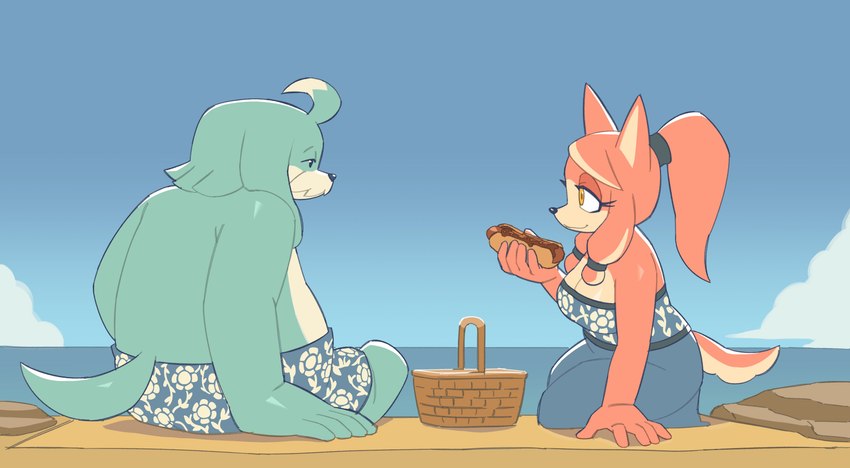 anthro basket breasts clothing container duo eyelashes female floppy_ears food fur hair hot_dog male orange_body orange_eyes orange_fur outside picnic_basket ponytail seaside sitting teal_body teal_fur white_body white_fur deegeemin sega sonic_the_hedgehog_(series) the_murder_of_sonic_the_hedgehog conductor's_wife_(sonic) conductor_(sonic) akita canid canine canis domestic_dog mammal molosser spitz 2025 absurd_res hi_res