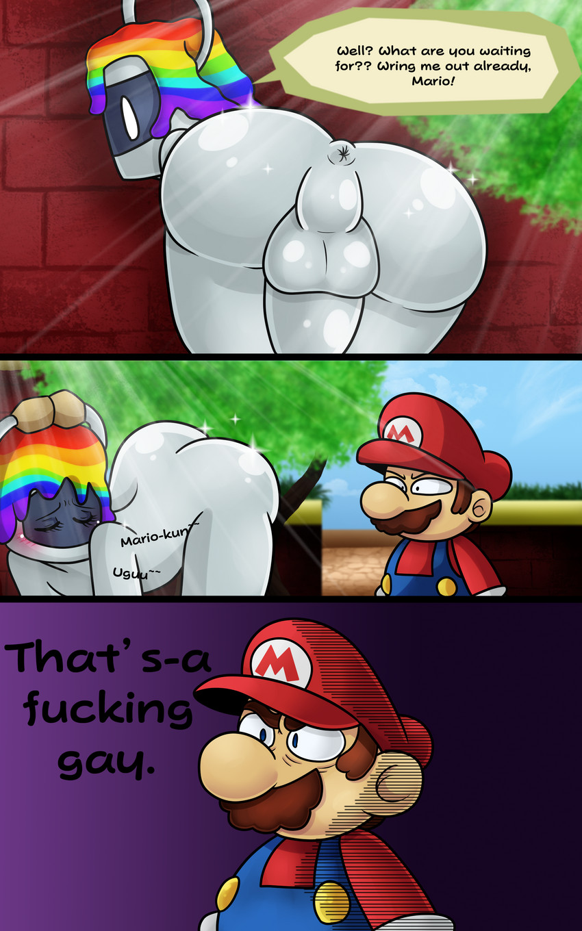 balls blush butt clothed clothing dialogue duo facial_hair genitals hair hat headgear headwear male mustache not_furry nude paint_can text text_on_clothing text_on_hat text_on_headwear yoshimister mario_bros nintendo paper_mario paper_mario:_color_splash huey_(paper_mario) mario animate_inanimate human humanoid mammal 5:8 absurd_res comic digital_media_(artwork) english_text hi_res