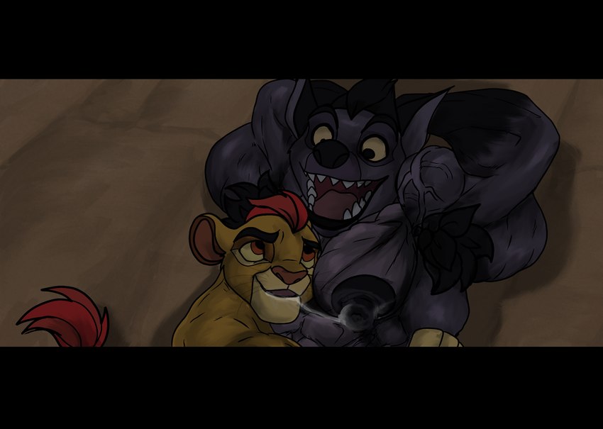 abs anthro areola armpit_hair black_bars bodily_fluids body_hair cuddling duo eye_contact fur grey_body grey_fur looking_at_another lying male male/male muscular nipples nude on_back open_mouth pecs saliva saliva_on_nipples saliva_string smile tail teeth young kumbartha disney the_lion_guard the_lion_king janja_(the_lion_guard) kion_(the_lion_guard) felid hyena lion mammal pantherine letterbox