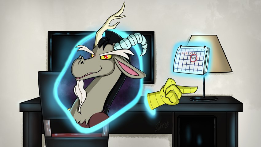 antlers beard calendar chair desk facial_hair feral fur furniture furniture_lamp gesture hand_gesture horn looking_at_viewer male pointing portal scales solo table vaalkizuk friendship_is_magic hasbro my_little_pony discord_(mlp) chimera draconequus 16:9 widescreen