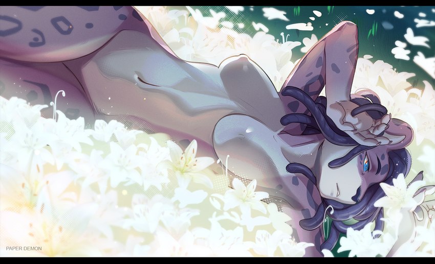 anthro blue_eyes breasts detailed_background dreadlocks female flower lying navel nipples nude on_back on_ground plant relaxing solo paper_demon legend_of_ahya natalia_ruyemov_(darkflamewolf) felid feline leopard mammal pantherine snow_leopard