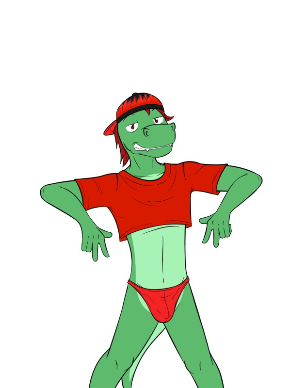 anthro backwards_hat bulge clothed clothing crop_top dancing hat headgear headwear male red_clothing shirt solo t-shirt thong topwear underwear fuze texnatsu diego_abel alligator alligatorid crocodilian reptile scalie 3:4 hi_res