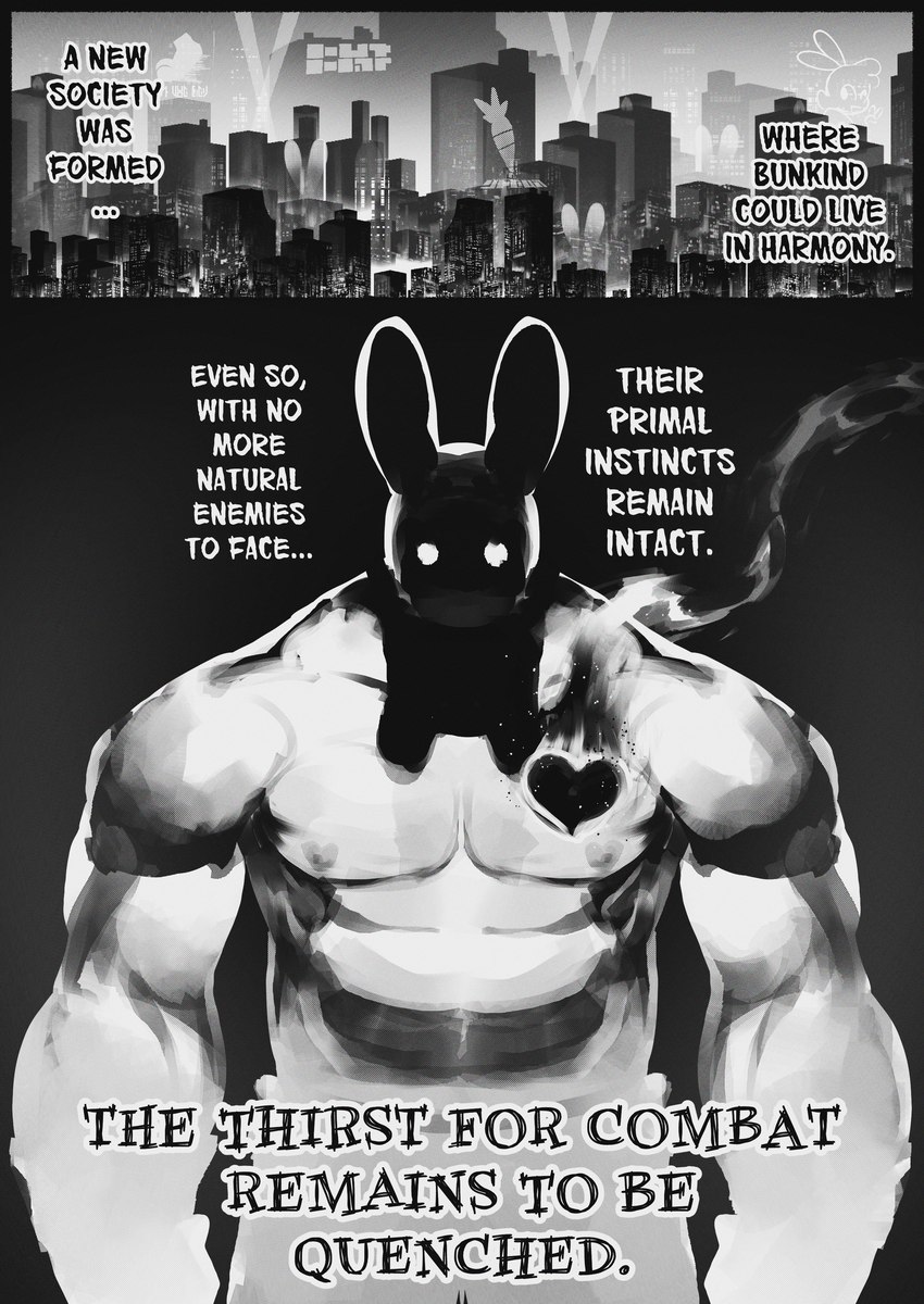 abs anthro city city_skyline heart_symbol instinct male muscular neon_lights night nipples shadow simple_background solo spotlight text white_eyes peculiart bun_bash lagomorph leporid mammal rabbit 2023 absurd_res black_and_white comic english_text hi_res monochrome