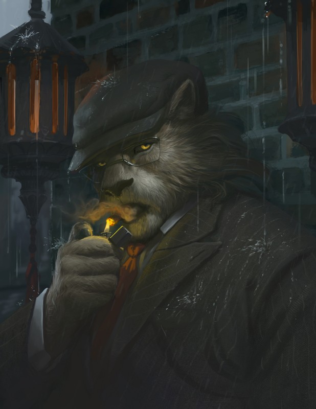 5_fingers anthro black_nose black_sclera brick_wall cigar clothed clothing detailed_background detailed_fur dress_shirt eyewear fingers fire flat_cap fur glasses grey_body grey_fur hat headgear headwear holding_object jacket lighter looking_aside looking_at_viewer male necktie outside pattern_clothing pince-nez raining shirt smoke smoke_from_mouth smoking solo street_lamp striped_clothing stripes suit topwear wall_(structure) water yellow_eyes loculi mr._smoke felid lion mammal pantherine detailed hi_res