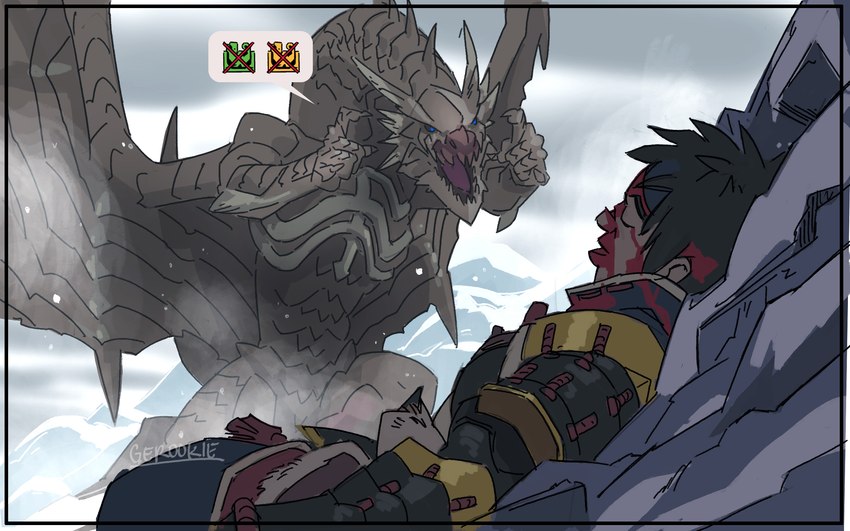 armor blue_eyes claws duo finger_claws gesture hand_gesture lying mountain on_back open_mouth outside pointing rock sharp_teeth sky snow teeth wings gerookie capcom monster_hunter think_mark_think! elder_dragon kushala_daora monster 2021 hi_res meme