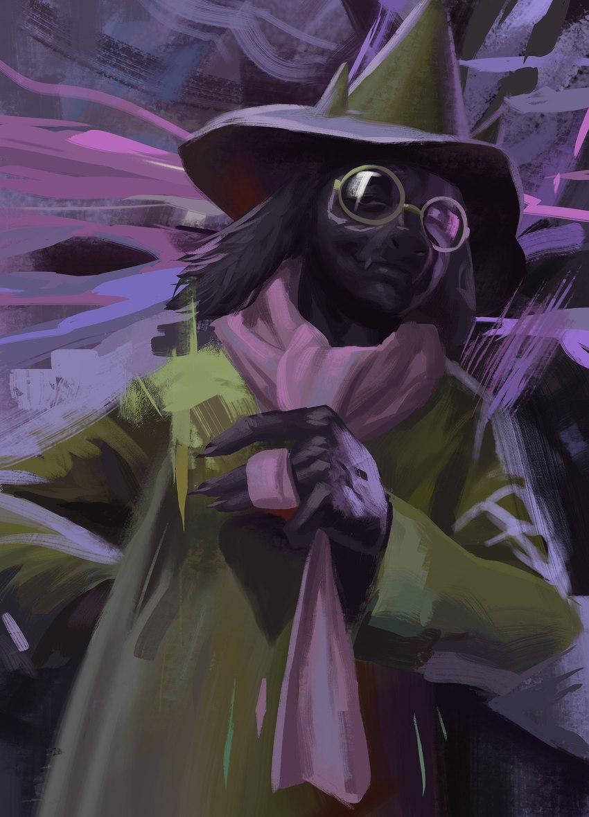 abstract_background anthro biped black_body black_fur claws clothing eyewear finger_claws fur glasses hat headgear headwear horn male pink_scarf round_glasses scarf smile solo angusburgers deltarune disco_elysium undertale_(series) ralsei bovid caprine goat mammal 2022 absurd_res digital_media_(artwork) hi_res