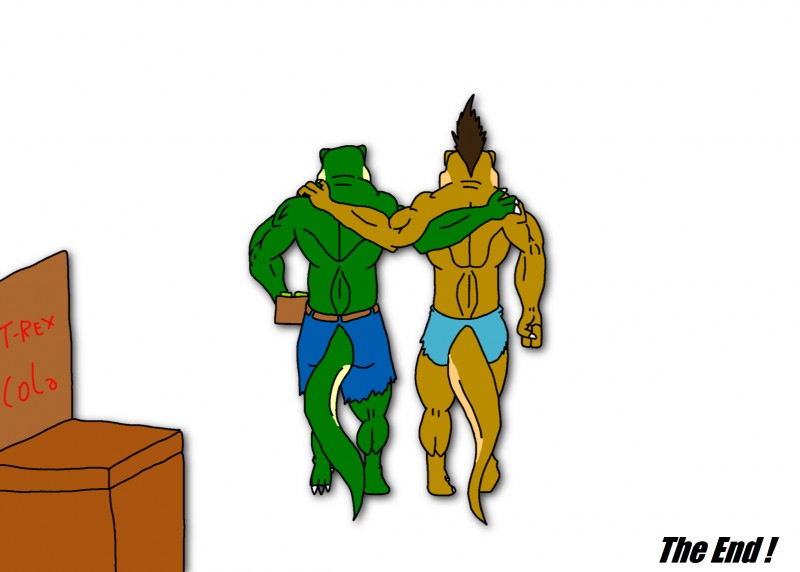 abs anthro belt biceps bottomwear brown_body brown_skin claws clothed clothing duo green_body green_skin hair male muscular pants pose rear_view scales shorts simple_background tail toe_claws topless torn_clothing transformation white_background maxime-jeanne jonathan_alexander thomas_carter dinosaur human mammal prehistoric_species reptile scalie theropod tyrannosaurid tyrannosauroid tyrannosaurus tyrannosaurus_rex 2013 comic hi_res