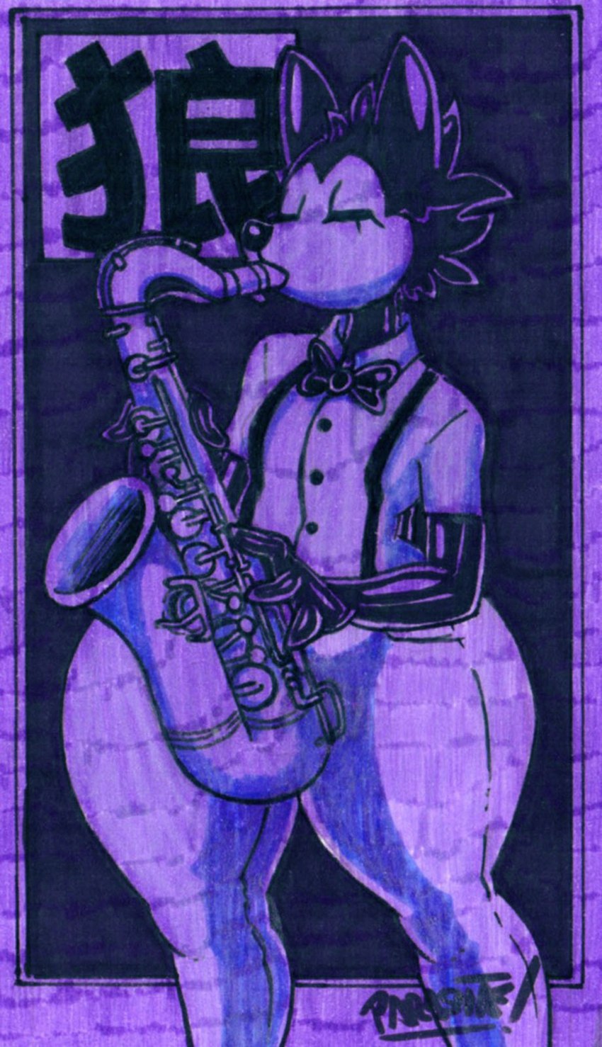 anthro bottom_heavy bow_tie clothing dress_shirt eyelashes eyes_closed femboy fingers male musical_instrument playing_saxophone saxophone shirt simple_background solo suspenders tenor_saxophone thick_thighs topwear wide_hips wind_instrument woodwind_instrument parasitedeath wolf_(parasitedeath) canid canine canis mammal wolf 2022 artist_name hi_res signature traditional_media_(artwork)