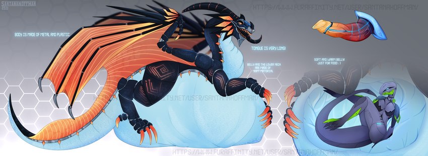 anthro belly big_belly black_body black_horn blue_body blue_eyes blue_tail duo erection female feral genitals gradient_penis grey_body horn huge_belly internal machine male markings membrane_(anatomy) membranous_wings narrowed_eyes open_mouth orange_body orange_eyes orange_markings orange_penis orange_tail orange_teeth orange_wings pattern_background penis red_penis sharp_teeth side_view simple_background tail teeth vore wings santanahoffman mythology dragon mythological_creature mythological_scalie robot scalie species_request hi_res model_sheet