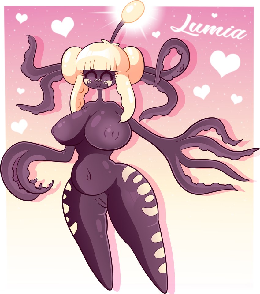 antennae_(anatomy) anthro areola bangs belly big_areola big_breasts bioluminescence blonde_hair blush breasts dark_body dark_skin eyelashes female freckles genitals glistening glistening_body glowing hair happy huge_breasts navel nipples nude overweight pseudo_hair puffy_nipples pussy simple_background slightly_chubby smile solo tentacle_hair tentacles wide_hips blargasmic astronautical lumia_(blargen69) angore animal_humanoid cephalopod cephalopod_humanoid coleoid decapodiform humanoid marine marine_humanoid mollusk mollusk_humanoid hi_res