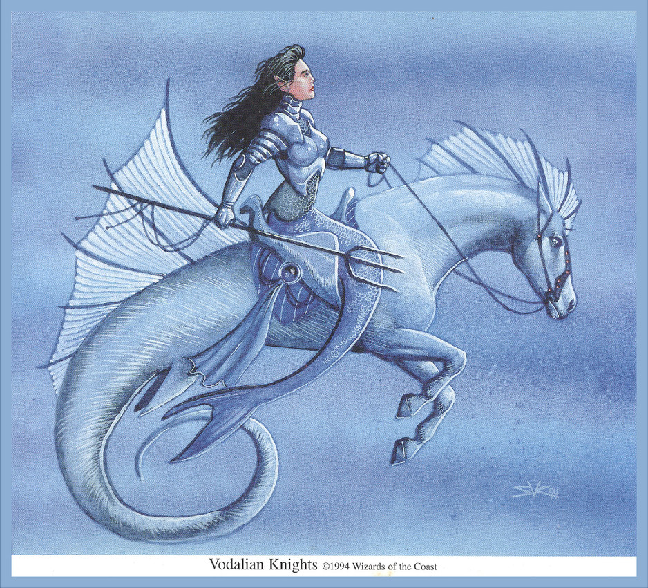 armor black_hair blue_body breasts chainmail duo female feral fin hair hooves humanoid_pointy_ears plate_armor pointy_ears riding saddle split_form tail susan_van_camp european_mythology greek_mythology hasbro magic:_the_gathering mythology wizards_of_the_coast aquatic equid hippocampus humanoid mammal merfolk 1994 hi_res official_art