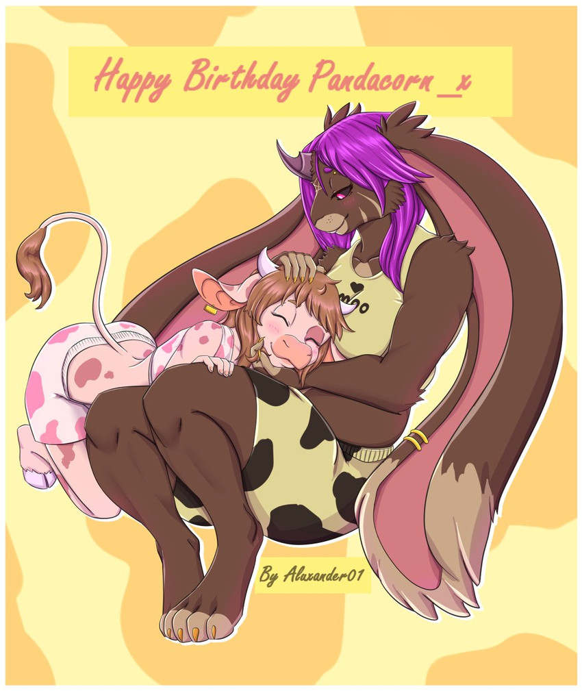 animal_print anthro black_sclera blush breasts brown_body brown_fur buckteeth colored_nails cow_print duo ear_piercing eyes_closed female fur hair head_in_hands headpat heart_symbol hooves horn kneeling long_ears looking_at_another multicolored_body multicolored_fur nails occult_symbol paws pentagram petting piercing pink_eyes purple_hair raised_tail sharp_nails sitting slightly_chubby smile symbol tail teeth text yellow_nails aluxander01 bovid bovine cattle lagomorph leporid mammal rabbit english_text