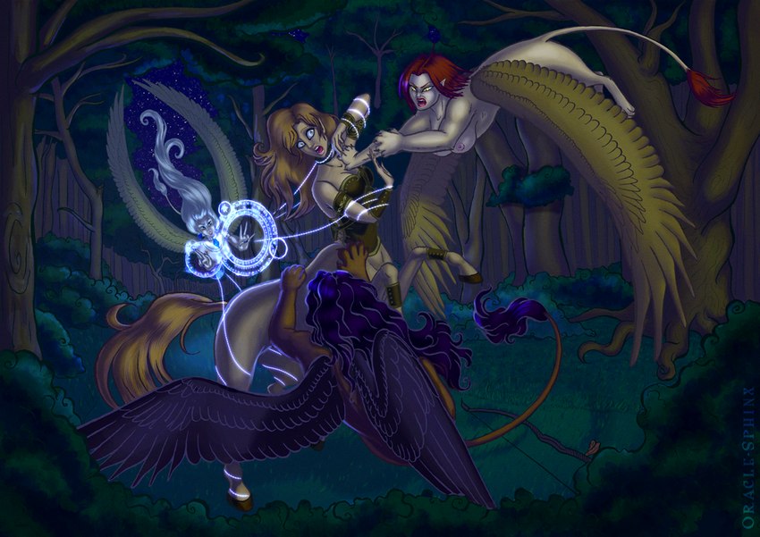 angry armor attack black_hair bow_(weapon) breasts brown_hair casting_spell claws clothed clothing detailed_background fantasy feathered_wings feathers female forest fur group hair hunting jumping kelly_the_centaur long_hair magic magic_user monster_girl_(genre) night nipples nude occult_symbol open_mouth outside pentagram plant ranged_weapon red_hair restrained_arms restraints scared spell symbol tail tree weapon white_hair wings oracle_sphinx european_mythology greek_mythology mythology bianka_(oracle_sphinx) taira_(oracle_sphinx) trisha_(oracle_sphinx) centaur chimera equid equid_taur felid humanoid_taur mammal mammal_taur mythological_creature mythological_sphinx taur 2021 digital_media_(artwork)