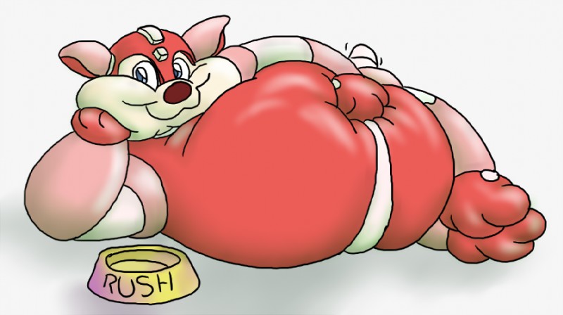 anthro belly big_cheeks bowl container fur hand_on_belly lying male obese obese_anthro obese_male on_side overweight overweight_anthro overweight_male pet_bowl solo text boomereverett nemo capcom mega_man_(series) megaman_(classic) rush_(mega_man) canid canine canis domestic_dog mammal english_text