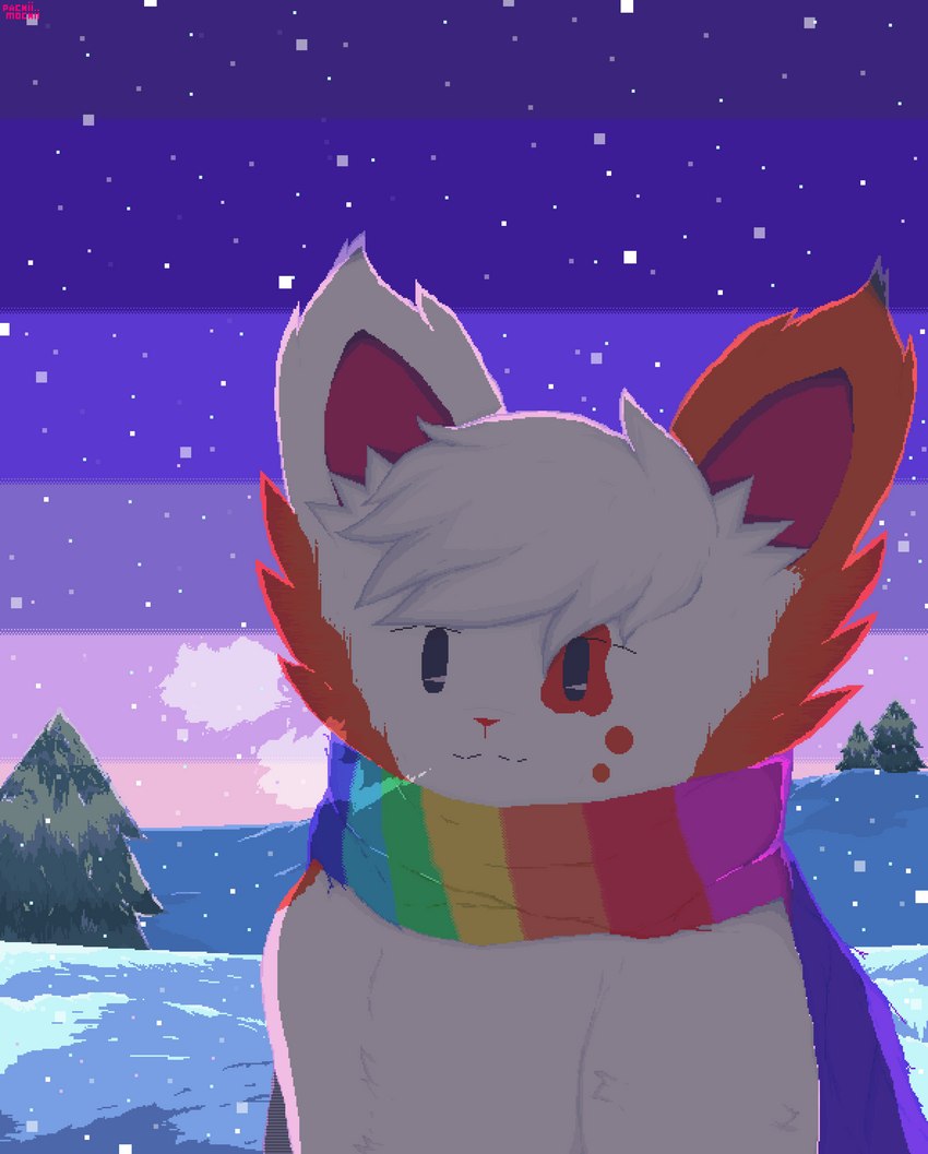 anthro atmospheric atmospheric_perspective big_ears clothed clothing cold detailed_background detailed_fur dithering evergreen_tree falling_snow feral fog fur hair hard_ice holidays ice inner_ear_fluff male neutral_expression pine_tree pixelated plant scarf scenery snow snowflake snowing solo sunrise topwear tree tuft pachiimochii christmas patchblob_hygadeine domestic_cat felid feline felis humanoid mammal absurd_res detailed digital_media_(artwork) hi_res pixel_(artwork) pyxel_edit_(artwork) shaded