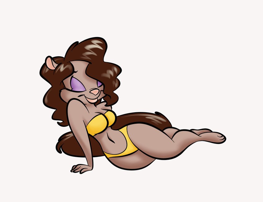 3_toes 4_fingers anthro arm_support barefoot big_breasts big_butt bikini biped breasts brown_hair brown_tail butt closed_smile clothed clothed_anthro clothed_female clothing eyebrows eyes_closed eyeshadow feet female fingers fur hair lips lower_lip makeup mouth_closed navel pink_lips pink_nose purple_eyeshadow simple_background smile solo swimwear tail tan_body tan_fur tanned thick_thighs toes toony two-piece_swimsuit white_background wide_hips yellow_bikini yellow_clothing yellow_swimwear stanmort animaniacs warner_brothers trudy_(animaniacs) mammal mink mustelid musteline true_musteline 2024
