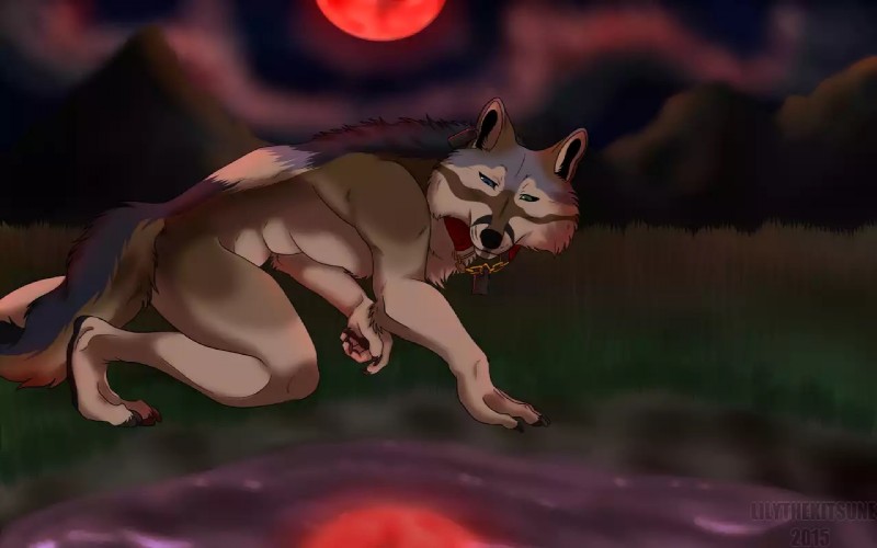 blue_eyes brown_body brown_fur fur green_eyes heterochromia lake male moon night red_moon solo tan_body tan_fur lilythekitsune mythology shira_(howlingwolven) canid canine canis mammal mythological_canine mythological_creature werecanid werecanine werecreature werewolf wolf 16:10 widescreen