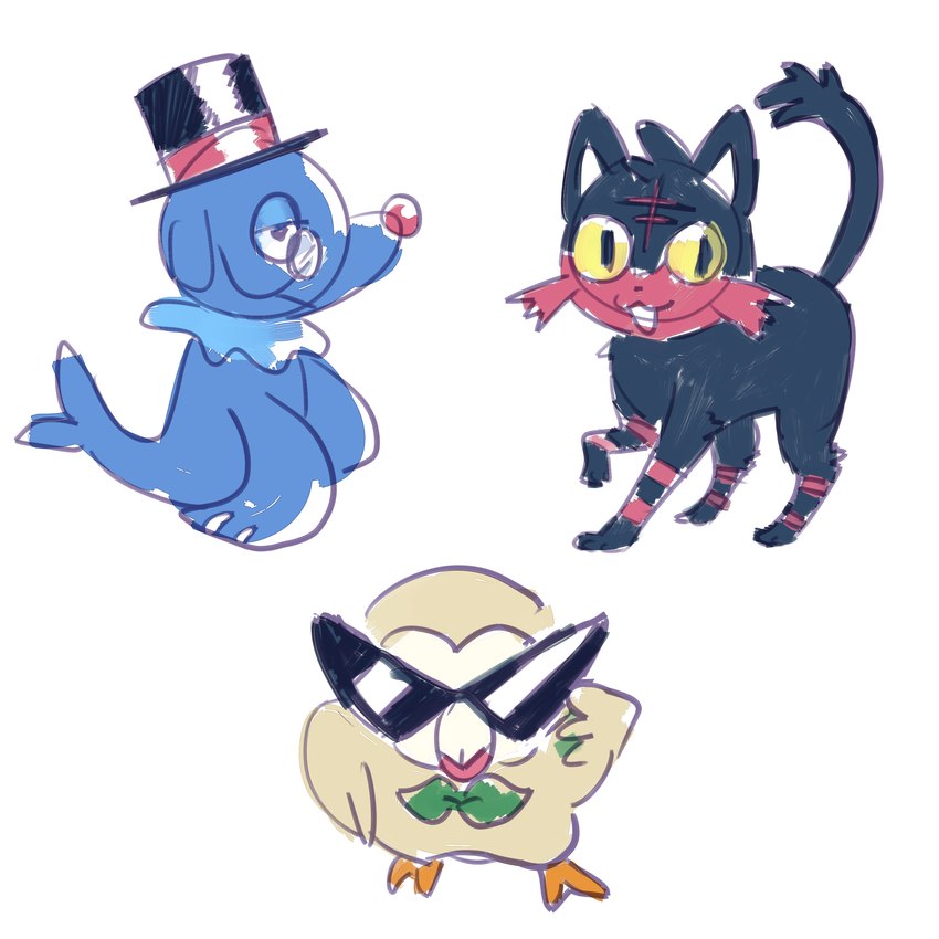 ambiguous_gender beak biped black_eyes blue_body clothing eyewear feathered_wings feathers feet feral group hat headgear headwear mouth_closed quadruped simple_background standing sunglasses tail talons toes top_hat trio white_background wings yellow_sclera flavia-elric nintendo pokemon generation_7_pokemon litten pokemon_(species) popplio rowlet 2016 absurd_res colored_sketch digital_media_(artwork) hi_res sketch