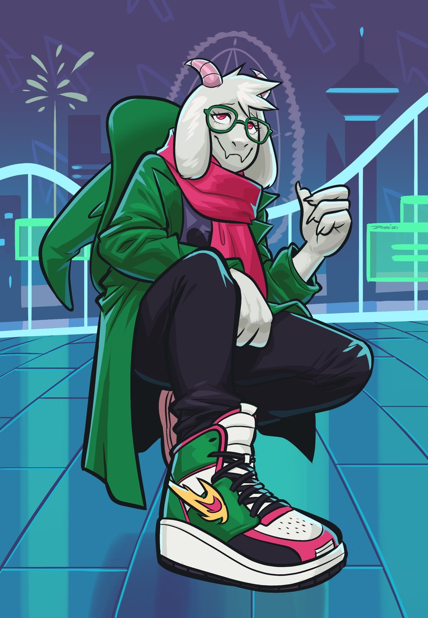 4_fingers anthro biped bottomwear clothing detailed_background eyewear fingers floppy_ears footwear fur glasses hat headgear headwear horn male pants scarf shoes smile sneakers solo white_body white_fur wizard_hat angusburgers deltarune undertale_(series) ralsei bovid caprine goat mammal absurd_res hi_res