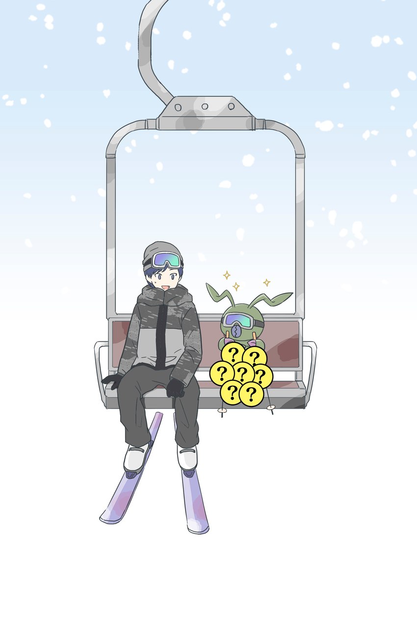 beanie clothing duo eyewear feral goggles hat headgear headwear larva male question_mark scarf segmented_body skiing winter gdn0522 bandai_namco digimon ken_ichijouji arthropod caterpillar digimon_(species) human insect mammal wormmon hi_res