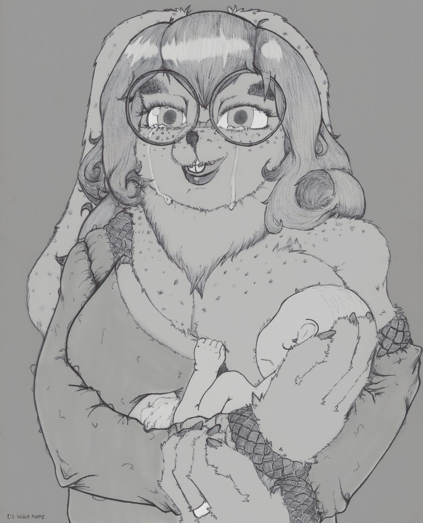 anthro baby breastfeeding clothing curly_hair digit_ring duo female hair holding_baby jewelry looking_at_viewer male male/female married_woman ring sweater topwear wedding_ring wife young doublespace human lagomorph leporid mammal rabbit absurd_res greyscale hi_res monochrome
