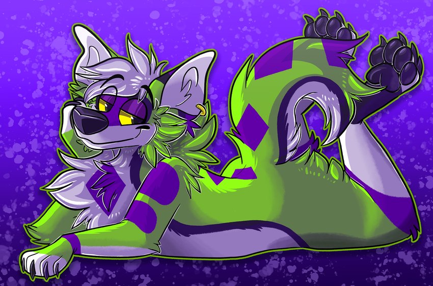 anthro fur green_body green_fur lying male on_front pawpads paws purple_spots raised_paw relaxed_expression relaxing solo spots suggestive_look elkdragon rafa_greenfur canid canine canis domestic_dog mammal hi_res