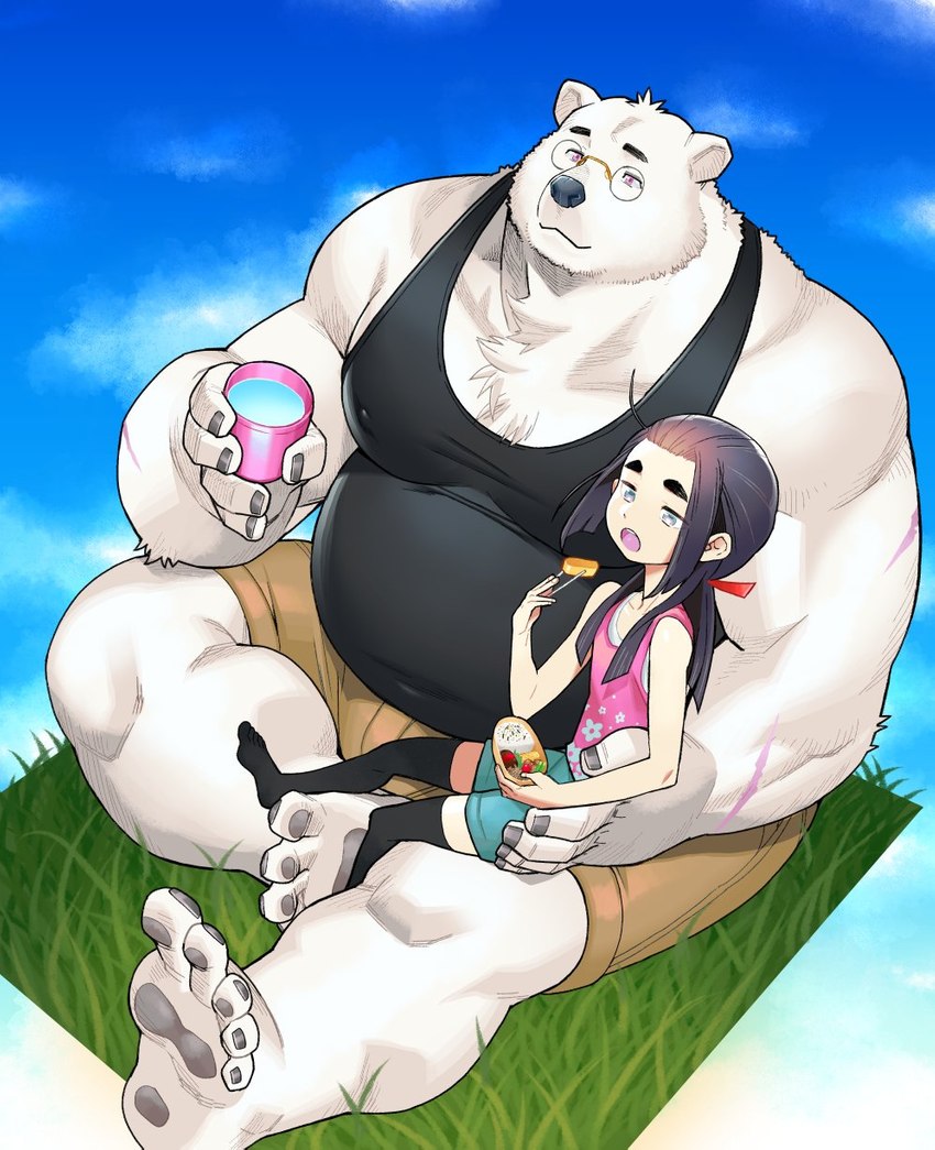 anthro belly big_belly black_nose bottomwear clothing duo eyewear food fur glasses humanoid_hands kemono male overweight overweight_male shirt shorts sitting topwear white_body white_fur kira_nerisu cooking_with_bara_bear_daddy bear human mammal polar_bear ursine 2022 hi_res