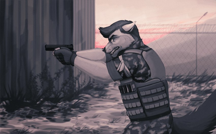 aiming aiming_gun aiming_weapon anthro army army_outfit army_uniform battle battlefield black_clothing black_fingerless_gloves black_gloves black_handwear bottomwear bulletproof_vest camo camo_bottomwear camo_clothing camo_pants camo_print camo_shirt camo_topwear clothing fingerless_gloves gloves gun handgun handwear holding_gun holding_handgun holding_object holding_pistol holding_ranged_weapon holding_weapon male manly mercenary military military_clothing military_gear military_pants military_uniform military_vest muscular muscular_anthro muscular_male pants pattern_bottomwear pattern_clothing pattern_pants pattern_shirt pattern_topwear pistol ranged_weapon shirt soldier solo tactical tactical_gear tactical_gloves tactical_load_carring_vest tactical_pants tail text topwear uniform warrior warzone weapon ulolin donovan_ferraro canid canine canis mammal wolf english_text