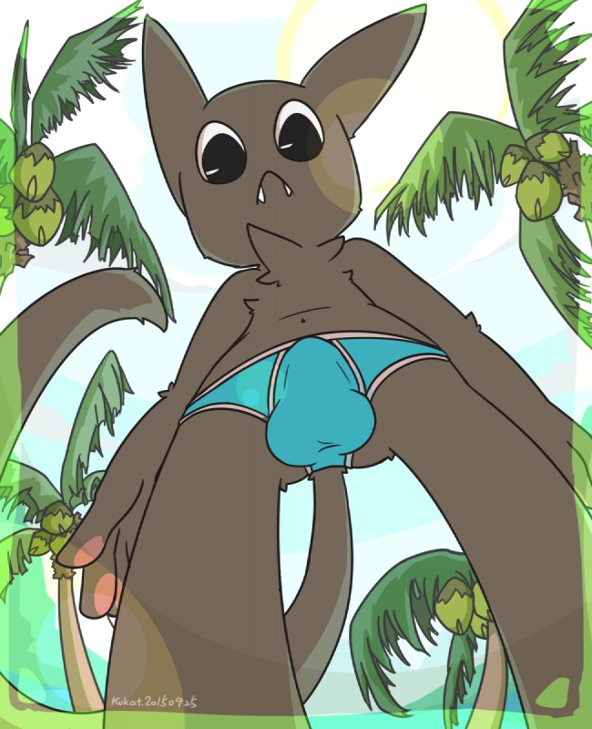 anthro black_eyes briefs bulge clothing fangs looking_at_viewer male palm_tree plant solo teeth tree underwear kukat kukat_(character) domestic_cat felid feline felis mammal hi_res