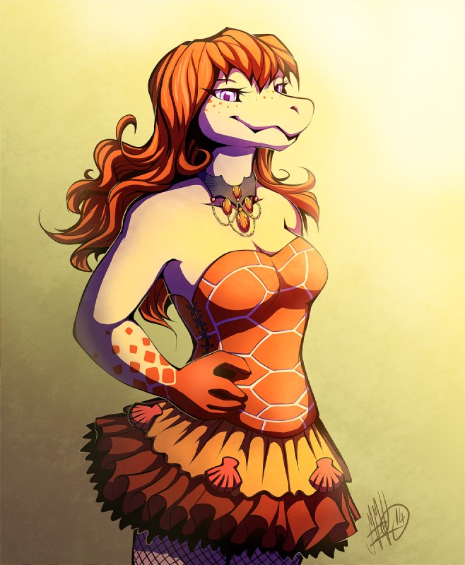 anthro breasts brown_hair cleavage clothed clothing dress eyebrows eyelashes female freckles hair long_hair non-mammal_breasts pink_eyes simple_background smile solo standing neotheta cayes cheloniid loggerhead_sea_turtle reptile scalie sea_turtle turtle 2014 digital_media_(artwork) hi_res shaded